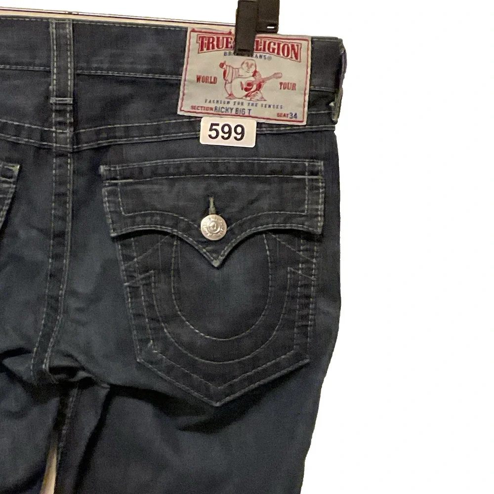 True Religion‎ Ricky Jeans Mens Seat 34 Big T Thick Stitch Blue